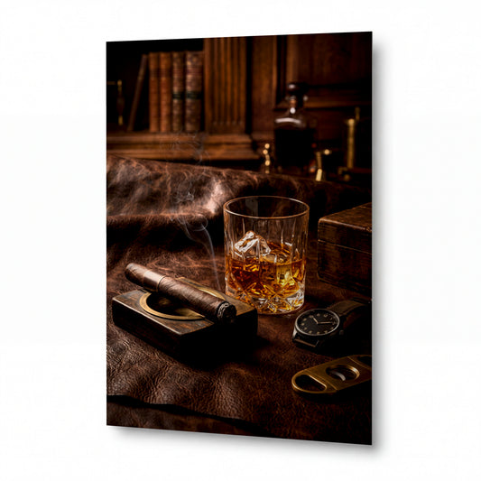 Obraz Whisky s doutníkem v pánské knihovně — kovový obraz na hliníkovém panelu s vysokým leskem