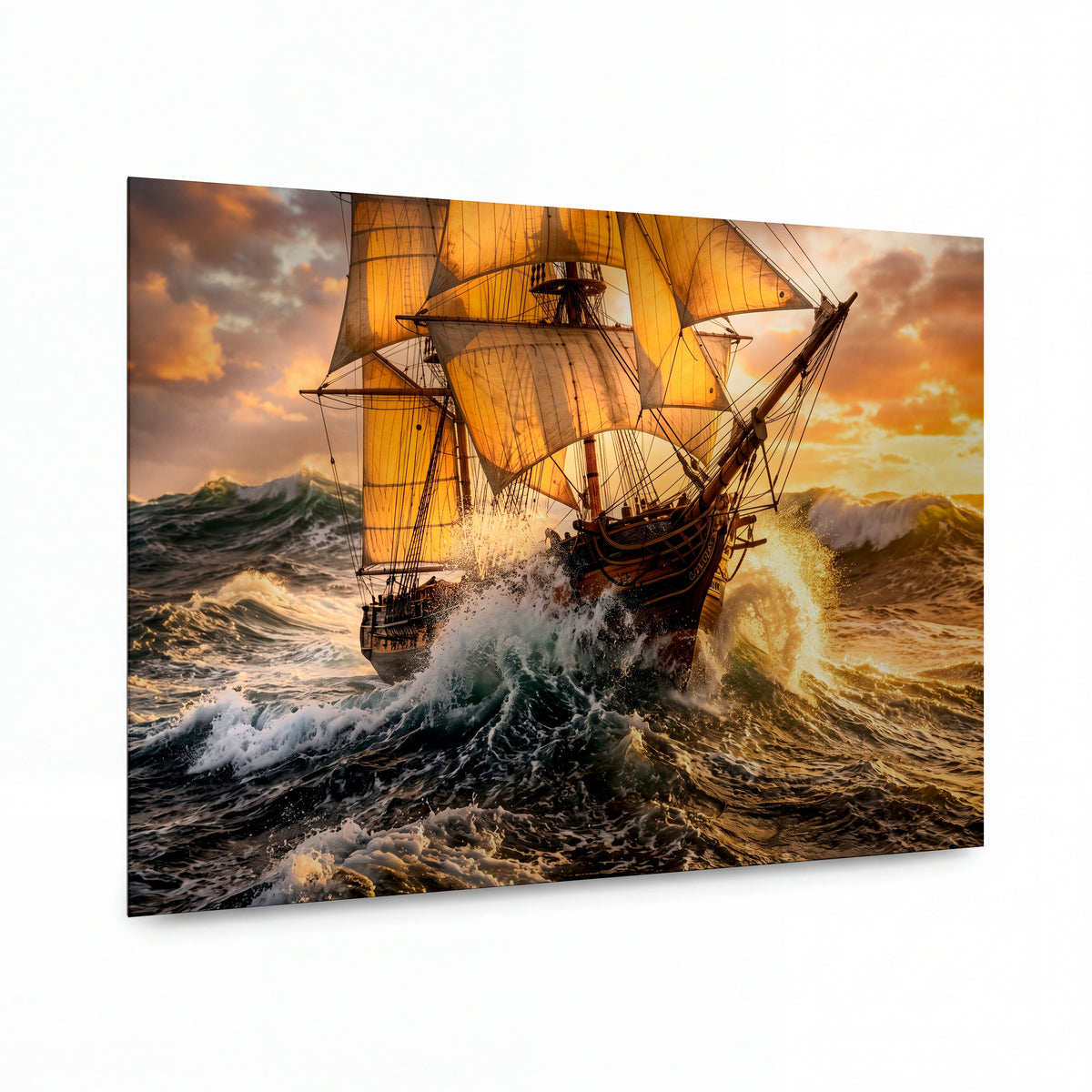 Obraz Plachetnice v bouři zlatého svítání — kovový obraz na hliníkovém panelu s vysokým leskem