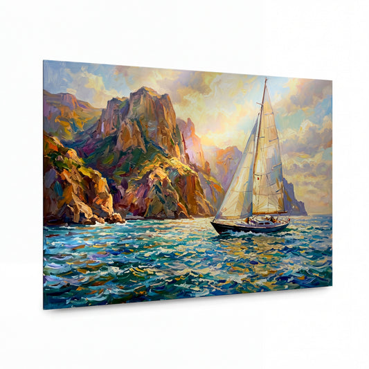 Obraz Plachetnice pod sluncem majestátních útesů — kovový obraz na hliníkovém panelu s vysokým leskem