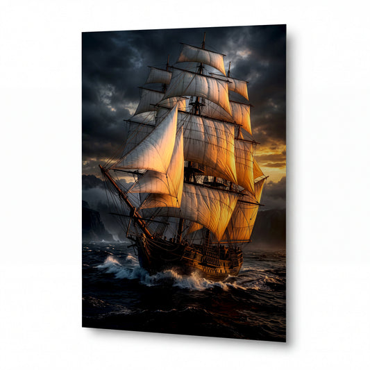 Obraz Plachetnice v bouřkovém svitu — kovový obraz na hliníkovém panelu s vysokým leskem