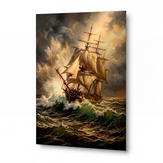 Obraz Plachetnice v bouřlivých vlnách za úsvitu — kovový obraz na hliníkovém panelu s vysokým leskem