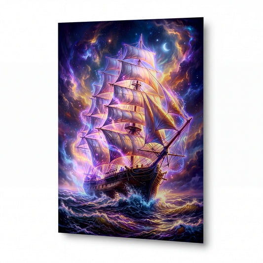 Obraz Plachetnice v kosmické bouři — kovový obraz na hliníkovém panelu s vysokým leskem