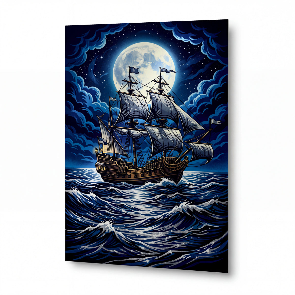 Obraz Plachetnice v objetí úplňkového svitu — kovový obraz na hliníkovém panelu s vysokým leskem