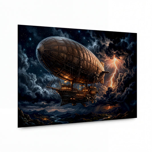 Obraz Steampunkový vzducholoď v bouřkových mracích — kovový obraz na hliníkovém panelu s vysokým leskem