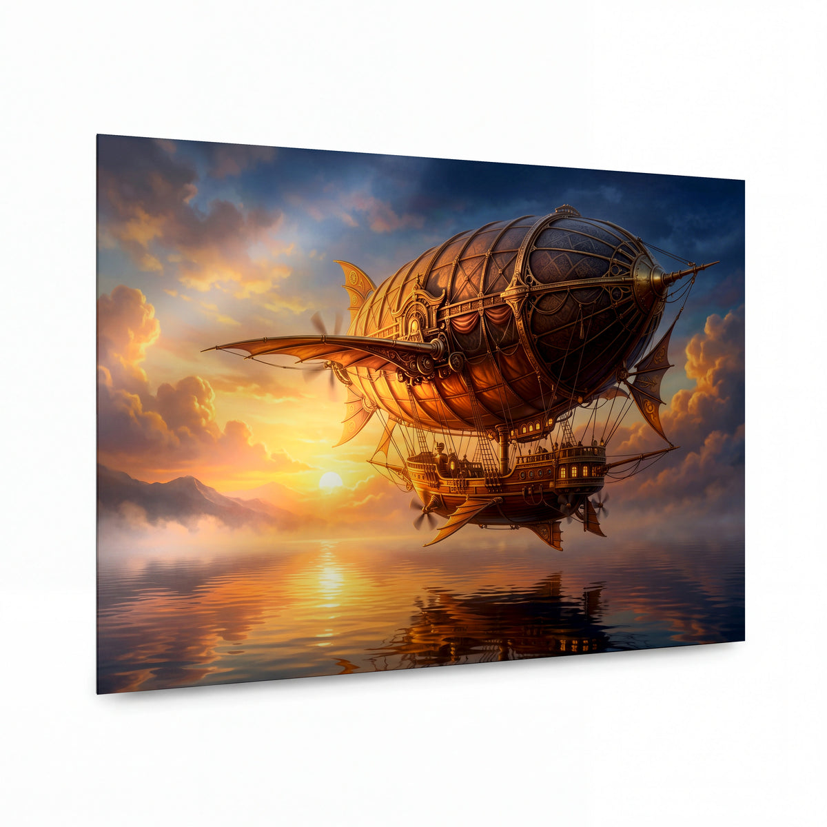 Obraz Steampunková vzducholoď v ohnivém úsvitu — kovový obraz na hliníkovém panelu s vysokým leskem