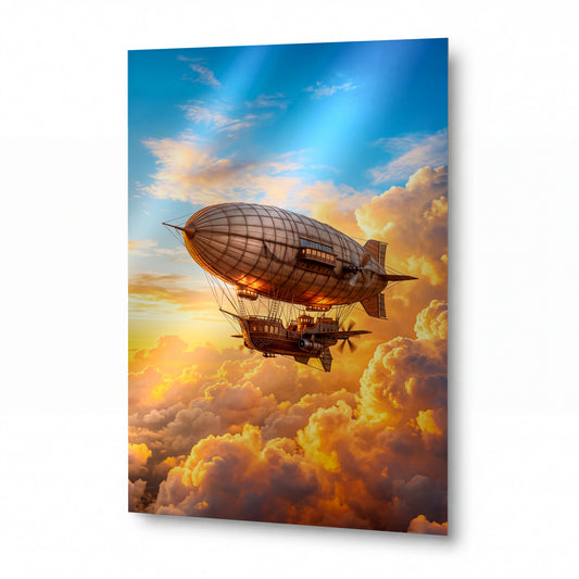 Obraz Steampunkový vzducholoď v zlatých mracích — kovový obraz na hliníkovém panelu s vysokým leskem