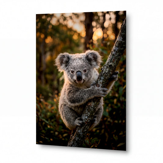 Obraz Koala objímající eukalyptový kmen v zapadajícím slunci — lesklý hliníkový obraz