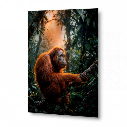 Obraz Orangutan v ranní mlze deštného pralesa — luxusní hliníkový panel s vysokým leskem