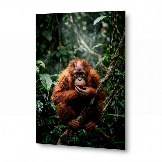 Obraz Orangutan s rozcuchanými prameny na větvích džungle — kovový obraz, vysoký lesk